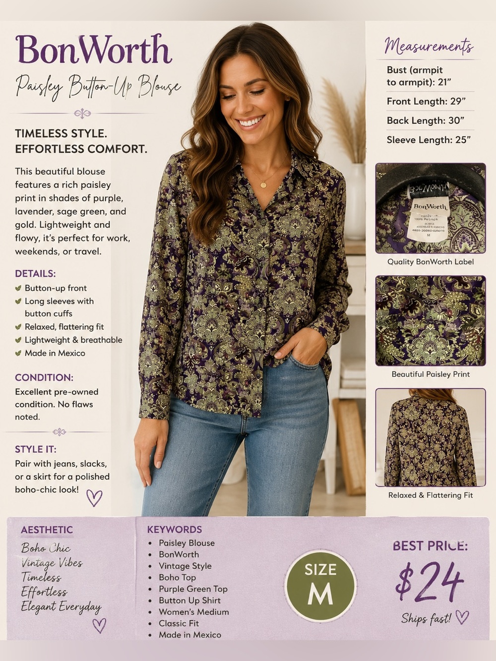Bon Worth Purple & Green Paisley-Style Button Front Blouse